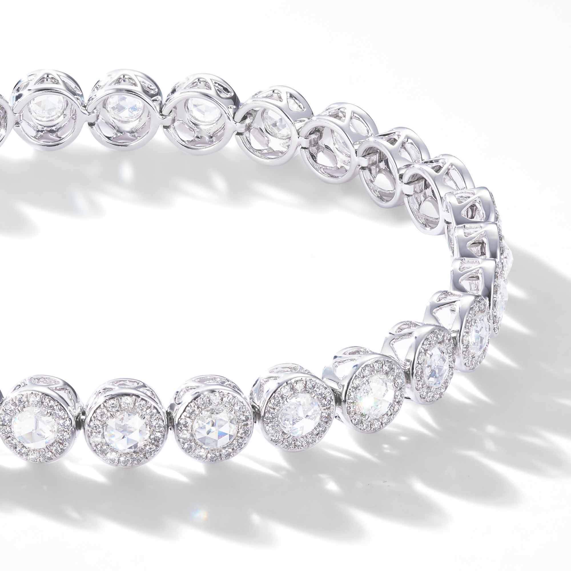Image of Scallop rose cut diamond tennis bracelet with small brilliant cut diamonds in a pave setting by 64Facets. 18K Gold.